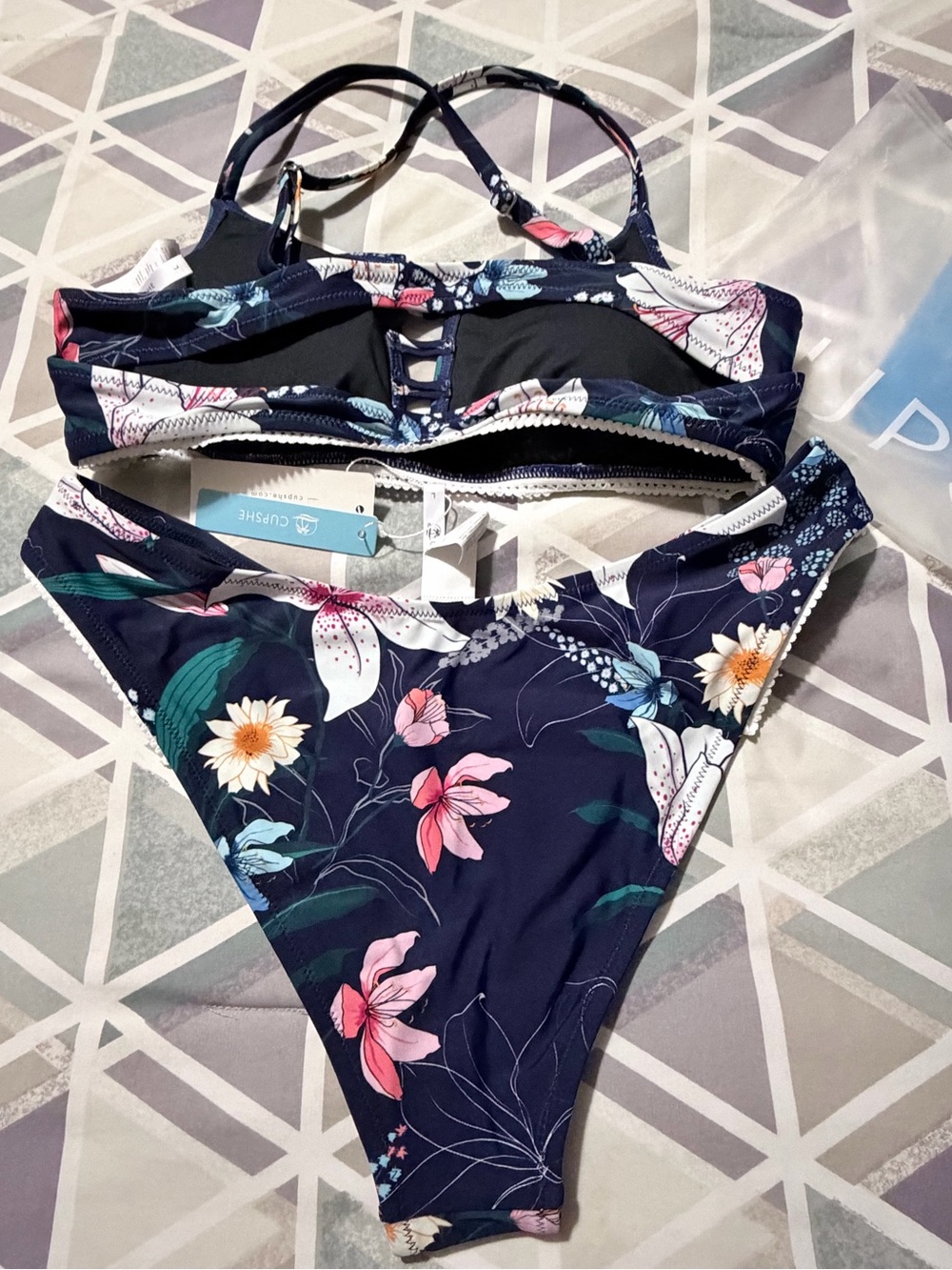 Cupshe Navy Floral Two-Piece Bikini with Pink & White Blooms